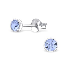 Bungsa Light Blue Crystal Stud Earrings .925 Sterling Silver 4 mm Round (Earrings Real Jewellery Studs Earrings Women Men), Silver, Crystal