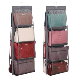 Winter Shore Handbag Storage [2 Pack] - Foldable Wardrobe Organiser Hanging for Purses & Handbags - with 8 Transparent Plastic Compartments & Galvanised Heavy Duty Hook