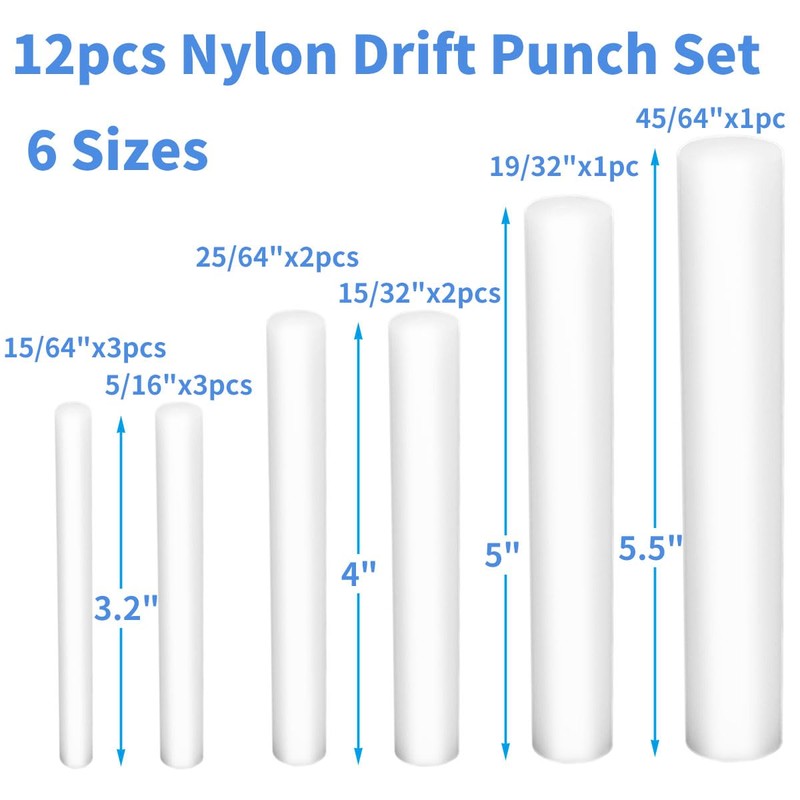 12 Pcs Nylon Drift Punch Set, Non-marring Non-sparking Nylon Rod,