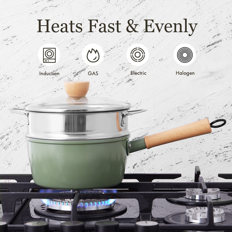 ROCKURWOK Ceramic Nonstick Sauce Pan, 3 QT Pot with Steamer,