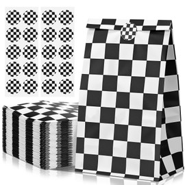 Humyoun 60 Pcs Checkered Racing Treat Bags with 60 Pcs Stickers Race Car Party Favors White Black Checkered Candy Goodie Gift Bags for Themed Birthday Party Supplies