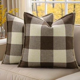 decorUhome Buffalo Plaid Check Throw Pillow Covers 18x18 Set of 2, Outdoor Decorative Farmhouse Neutral Pillow Covers with Stitched Edge for Bed Couch Sofa, Brown and Beige