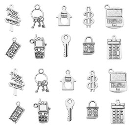 Ornazy 100 pcs 10 Styles Tibetan Real Estate Agent Charms Antique Silver Cellphone Dollar House Charms Vintage Lock and Key Charms for Jewellery Making