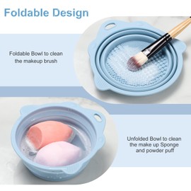 Foldable Silicone Makeup Brush Cleaner Bowl - Etercycle Portable Cleaning Tool for Brushes, Powder Puffs, and Sponges (Blue)