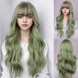 WTHCOS Avocado Green Wigs for Women Long Curly Wavy Matcha Green Wig with Bangs Heat Resistant Synthetic Wigs for Cosplay Costume Party （green Wig）