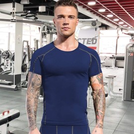 WRAGCFM Men's Compression Athletic Short Sleeve Shirts，Workout Cool Dry Baselayer Sports T-Shirts Running Tops(Navy, S)