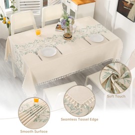 SUCHDECO Tablecloth Rectangular Cotton Linen Table Cloth Dust-Proof Washable Beige Table Cover with Tassel, Green Embroidered Leaves for Kitchen, Dining, Party (140x180 cm)