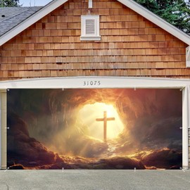 Easter Garage Door Cover 7x16ft Large Religious Easter Garage Door Decorations Resurrection of Jesus Banner Holy Lights Cross Garage Door Easter Cover Decoration for Outdoor Home Yard Wall Decor