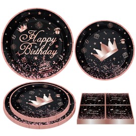 Inspireyee 120 Pieces Black and Rose Gold Party Decoration Rose Gold & Black Party Supplies Rose Gold and Black Birthday Tableware Set Plates, Napkin for Women Girls Birthday Decoration