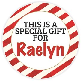This is a Gift for Raelyn - Circle Sticker Decal 3 Inch - Candy Cane Merry Christmas Gift Tag Present Tree Holiday Custom Name Santa Claus