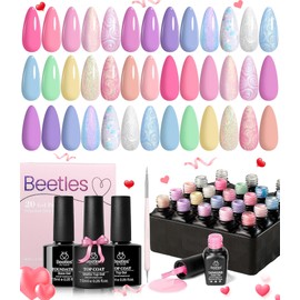 Beetles 24Pcs Gel Nail Polish Set, Pink Purple Pearl Pastel Blue Shimmer Chameleon Green Colors 2025 Spring Gel Polish Kit, 3Pcs Base Gel Top Coat and Double-ended Brush Soak off UV Gel | beetles Gel Polish