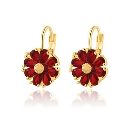 Gold Flower July Birthstone Leverback Earrings Hypoallergenic Red Ruby Earrings for Women Trendy
