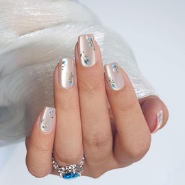 Yivaiks Short Square Cat Eye Press on Nails Blue Bellflower Fake Nails with Glue on Nails(MY-24DFX006)30 Nail Kit with Glue