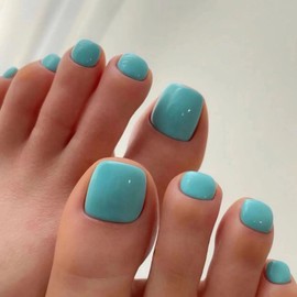 Square Fake Toenails Summer Glossy Lake Blue Press on Toenails Solid Short Acrylic False Toes Nails with Designs Cute Artificial Beach Blue-Green Full Cover Toenail for Women and Girls 24 Pcs