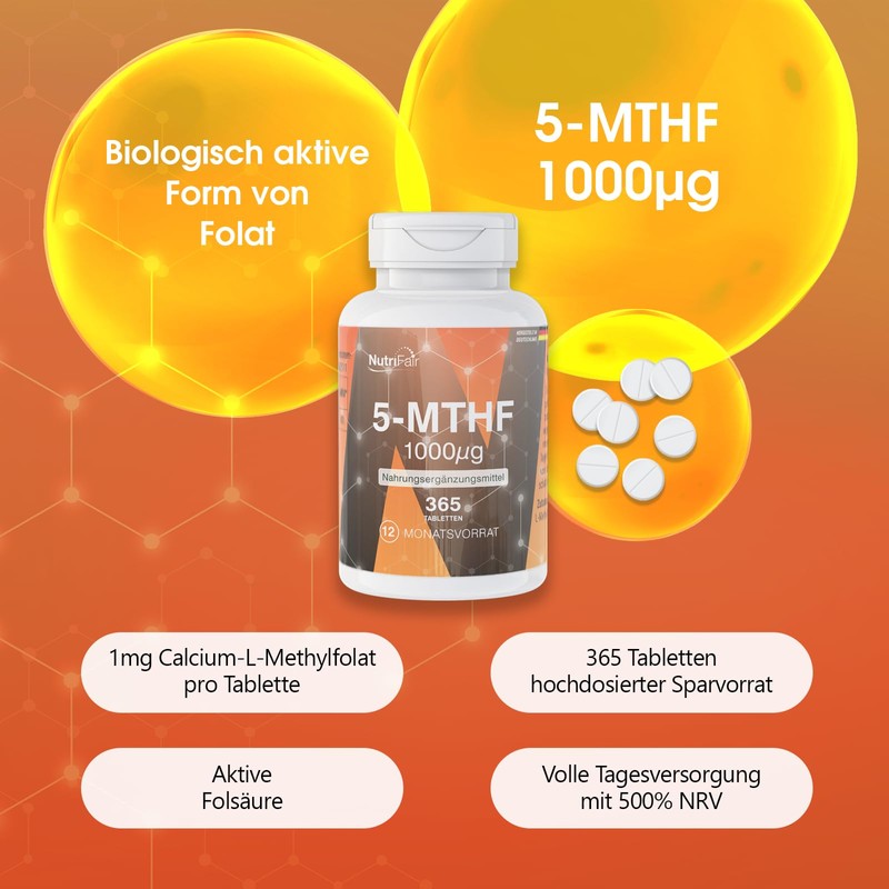 Nutrifair 5-MTHF 1000μg, 365 Tablets, 1mg per Tablet, Calcium L-Methylfolate,