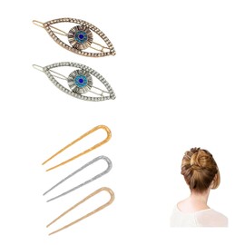 3 Colors French Hair Pin Metal with 2pcs Devil's Eye Barrettes Metal Hair Clips French Twist Hair Pin U Shaped Hair Fork Hair Pins Large Updo Hairpin for Women Girls (rose gold+silver+gold)