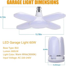 ZFQ B22 Bayonet LED Garage Light 60W, 2700K Warm White 600Lm Deformable Workshop Ceiling Lamp BC Bayonet Cap with 4 Adjustable Panels, for Garages, Basement, Warehouse, Attic, Gym (Pack of 1)