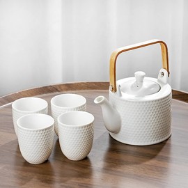 WEOPYCJ Japanese Tea Set, White Asian Ceramic Porcelain Tea Sets with 1 Teapot Set 30oz, 4 Tea Cups 6oz 1 Stainless Infuser, Asian Adults Tea Pot Set for Tea Lover/Women/Men