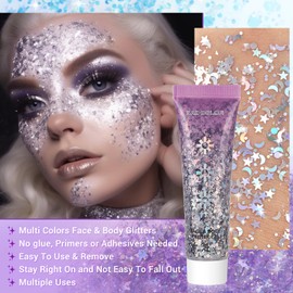 BADCOLOR Silver Face Body Glitter Gel, Holographic Shimmer Chunky Glitters Makeup for Hair Nails Eye Lips, Music Festival Concert Rave Accessories Party, Long Lasting Sparkling Mermaid Sequins Gel Kit