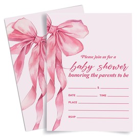Weifuju Pink Bow Baby Shower Invitation for Girl, Pink Ribbon Baby Shower Invitation Baby Shower Party Invites Card, 20 Invites with Envelopes (4"x6")