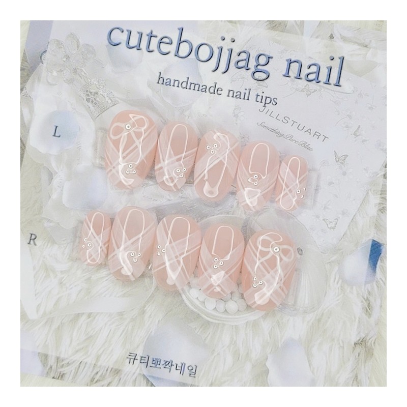 Pearl Ribbon Handmade Nail Tips - Almond M / 진주
