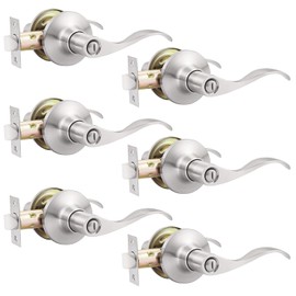 GOBEKOR 6 Pack Privacy Door Levers Interior Door Handles Brushed Nickel Lever Handles Keyless Modern Wave Levers for Bedroom and Bedroom