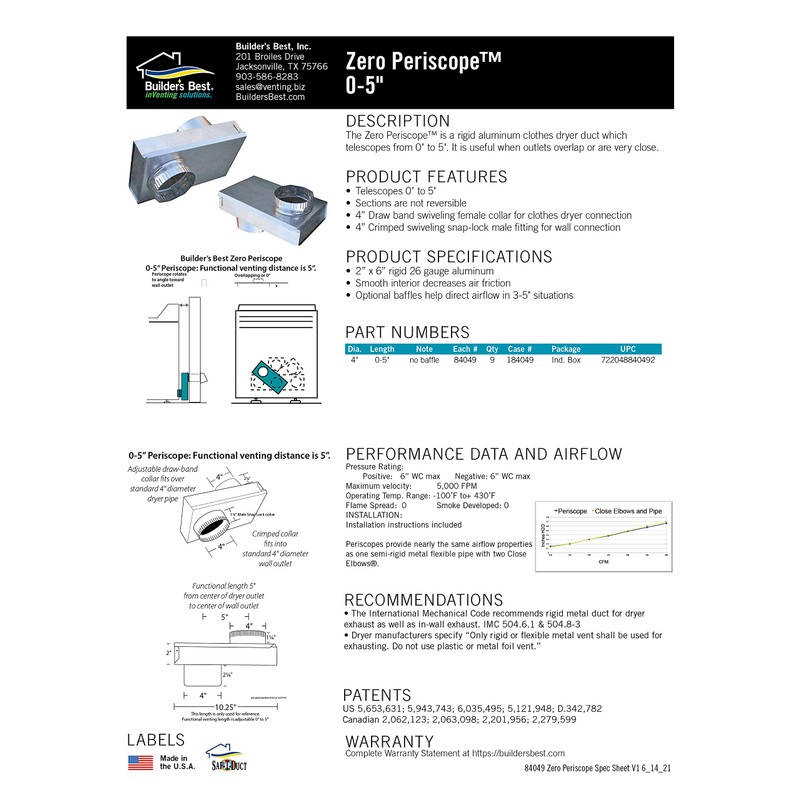 Builder's Best 84049 SAF-T-Duct Zero Dryer Vent Periscope, Adjustable 0-5"