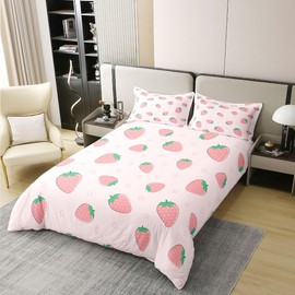 Loussiesd Strawberry Print 100% Cotton Bed Linen Set 135 x 200 cm Kids Girls Kawaii Pink Strawberry Duvet Cover Set Cute Fruit Bedding Set for Girls Room Decor Lightweight Bed Linen
