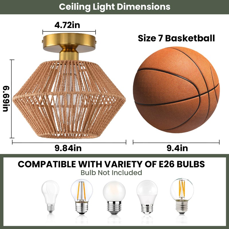 Boho Ceiling Light Fixture, Coastal Handmade Woven Light Fixtures Ceiling