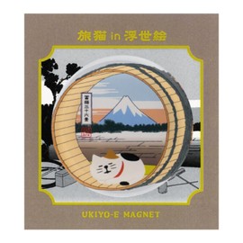 Decorle Combre Travel Cat in Ukiyo-e Acrylic Magnet, Wooden Barrel and Fuji, Approx. 2.6 x H0.4 inches (66 x 10 cm), ZCB-29698