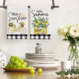 Artoid Mode Hello Sunshine Bike Lemons Summer Kitchen Towels Dish Towels, 18x26 Inch Farmhouse Summer Decoration Hand Towels Set of 2