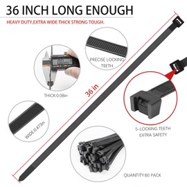 BethTie 36 Inch White Large Zip Ties Heavy Duty 60 Pack, 250 LBS Ultra Strong Plastic Wire Ties, Large Cable Ties Extra Long Tie Wraps For Indoor and Outdoor Use