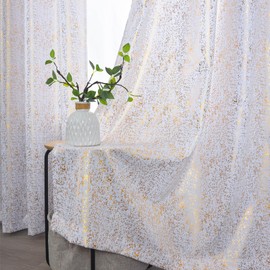 TERLYTEX White and Gold Curtains 95 Inch Length, Metallic Gold Foil Shimmer Curtains 2 Panels Set for Living Room, Grommet Privacy Semi-Sheer Curtain Panels, 52 x 95 Inch, Gold White