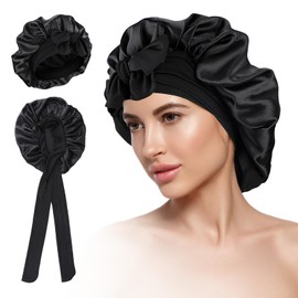 Flaviao Silk Bonnet for Sleeping Women, Satin Silk Hair Bonnet for Sleeping with Elastic Tie Band for Women Curly Straight Hair Night Cap Adjustable Sleep Cap Hair Bonnet Black