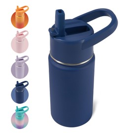 Fijinhom 12oz Kids Water Bottle for School Boys&Girls, Leak-Proof Toddler Water Bottle, Stainless Steel Vacuum Insulated Bottle with Straws Lids, Navy blue