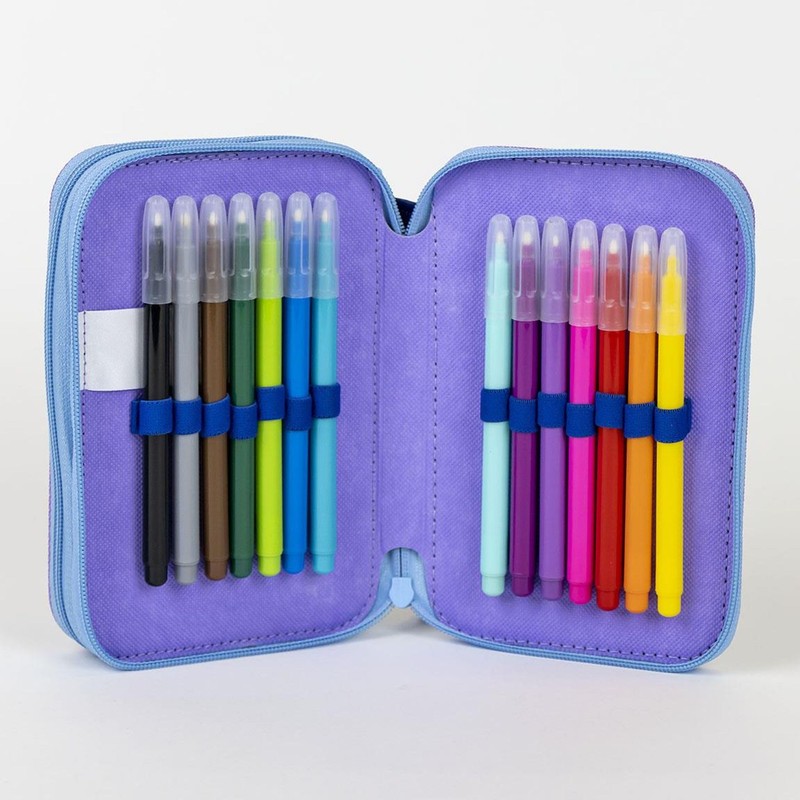 Stitch Pencil Case with 3 Compartments, Blue, 12.5 x 4.5