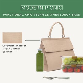 Modern Picnic Vegan Leather Lunch Bag for Women, Cooler Lunch Bag for Girls Easily Wipeable, Adjustable Shoulder Strap, Women’s Lunch Bags for Work/Office/Outdoor (Cream) As Seen on Shark Tank