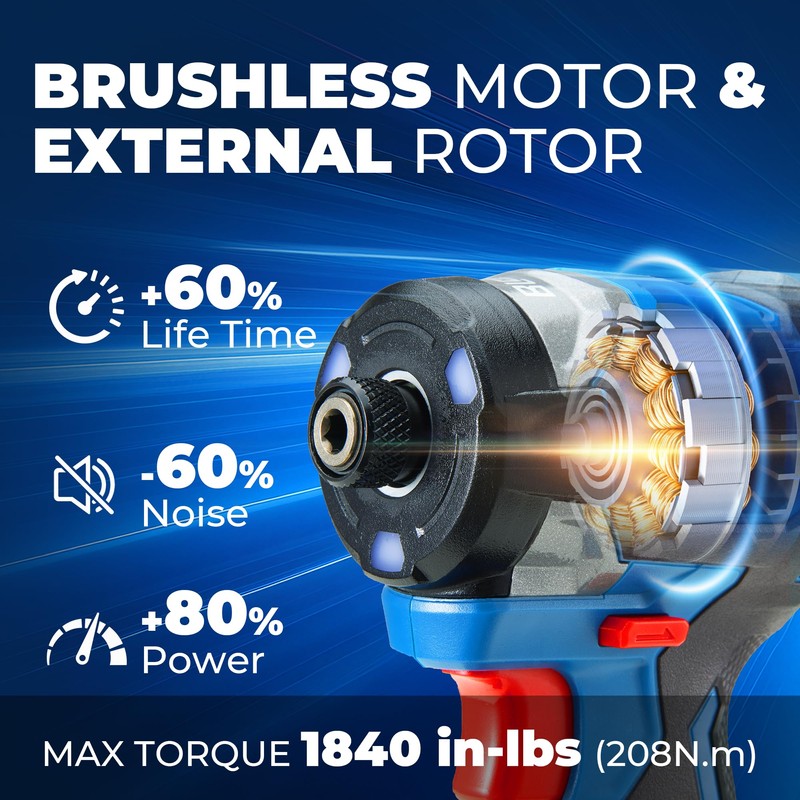 Dong Cheng 20V Brushless Impact Driver, 1840in-lbs Torque, 3200RPM, 4300IPM,