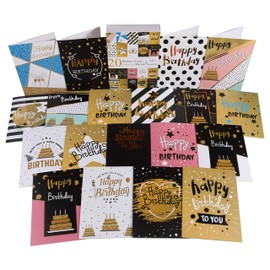 20 x Birthday Cards with Gold Embellishments | Multipack Happy Birthday Cards for Women, Men, and Kids | Includes 20 x Premium White Envelopes | Assorted in a Reusable Box | by VonClass