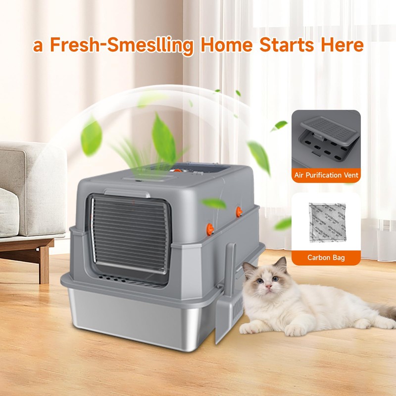 Stainless Steel Litter Box with Lid, High Sided Enclosed Metal