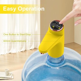 BIMVER Water Dispenser for 5 Gallon Bottle, 600ml Quantitative Water Pump,2 Colors Power Light,Portable USB Charging Bottle Pump,Multipurpose Dispenser for Home Camping for 2-5 Gallon, Yellow