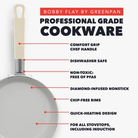 GreenPan x Bobby Flay 12" Nonstick Frying Pan Skillet, PFAS-Free Diamond Ceramic, Induction Suitable, Stay-Cool Silicone Handle, Easy Clean Dishwasher & Oven Safe, Egg & Omelet Pan, Cream