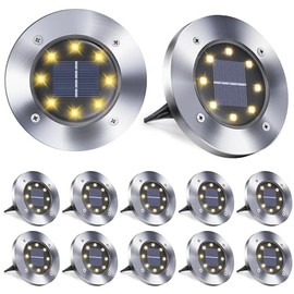 Toodour 12 Pack Solar Ground Lights Outdoor, 8 LED Waterproof Solar Powered in-Ground Disk Lights for Garden Patio Yard Lawn Driveway Pathway, Warm White