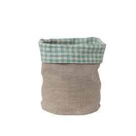 Creative Co-Op Handwoven Linen Bread Basket with Gingham Lining, Aqua and Natural Textiles Storage, 7" L x 7" W x 9" H, Blue