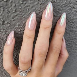 Medium Press on Nails Aurora Almond Fake Nails Chrome False Nails with Soft Gel Glue on Nails Purple Pink Sparkly Acrylic Nails Full Cover Glossy Nails Decorations