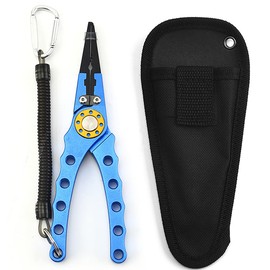 TopHomer 1Pack 7 Colors Optional Fishing Plier with Split Ring Opener Saltwater Resistant Fish Hook Remover Gear Braid Cutters Sheath Lanyard Gifts for Men(Blue)