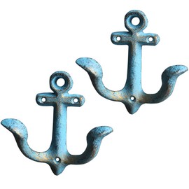 KiaoTime Set of 2 Blue Vintage Rustic Cast Iron Nautical Anchor Design Wall Hooks Coat Hooks Rack, Decorative Wall Mounted Antique Shabby Chic Metal Home Bath Room Towel Coat Hooks Hanger