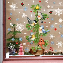 Winter Birds Window Clings, Christmas Birds Snowflake Window Stickers Decorations Berries Tree Branch Double Sided Window Decals Clings for 2024 New Year Xmas Holiday Living Room Home Office Decor