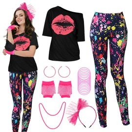 AUTOWT 80s Women Costume Set, 18 Pieces 80s 90s Accessories Set Outfit with T-Shirt, Geometric Legging Pants Earring Necklace Gloves Bracelet for 1980s Cosplay Party (Black, L)