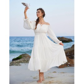 Women Long Sleeve Maxi Dress Fairy Smocked Waist A Line Casual Tiered Dress White M